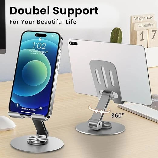 حامل هاتف محمول، حامل مكتبي للهاتف، قابل للطي، قابل للتعديل بزوايا متعددة، دوران 360 درجة، حامل هاتف معدني ثابت غير قابل للانزلاق، متوافق مع هواتف آيفون وأندرويد الذكية والأجهزة اللوحية (فضي)