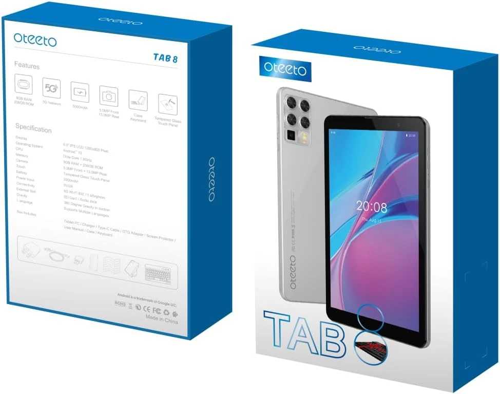 **Oteeto Tab 8 Tablet** 8-inch display 8GB RAM 256GB internal storage Octa-core processor up to 1.8GHz 5G network support 5000mAh battery 13MP rear camera 5MP front camera Android 13 Gray color Bluetooth support