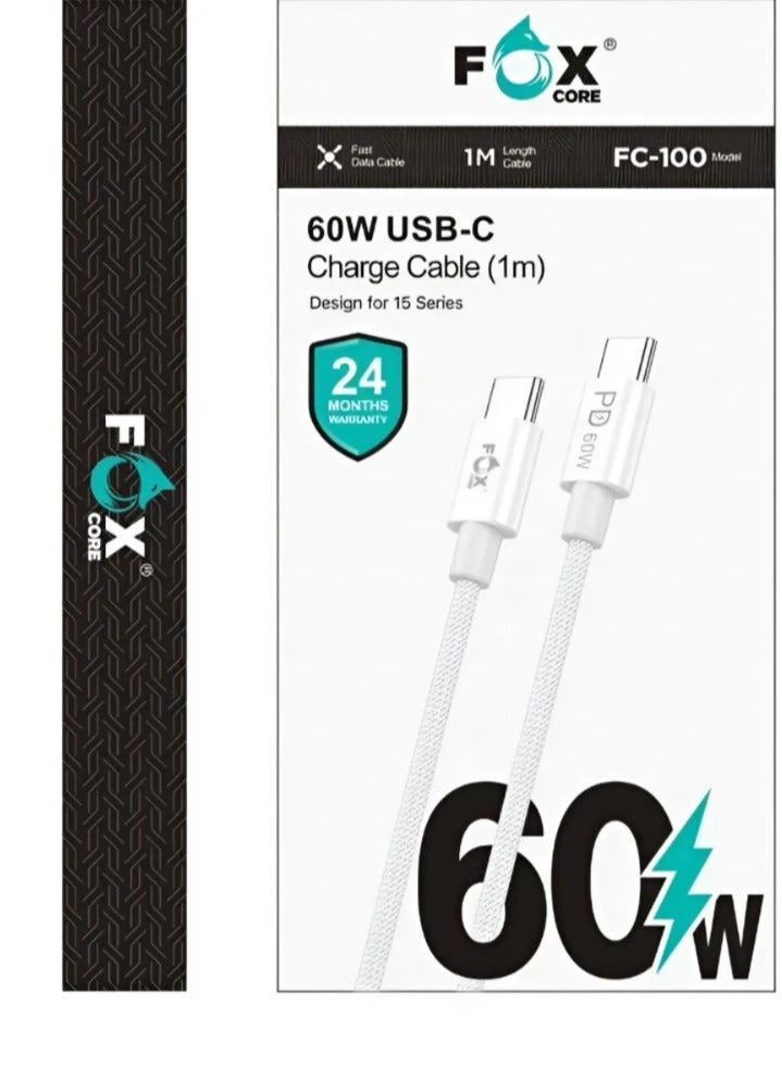 كابل USB-C إلى USB-C، 60 واط PD، 1 متر – متوافق مع أغلب الأجهزة الحديثة – Foxcore.